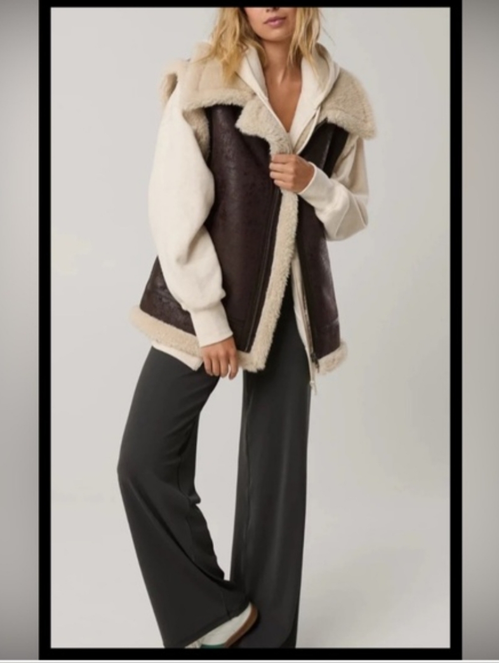AERIE OFFLINE Faux Shearling Lined Brown Vest with Cream Collar - Picture 3 of 14